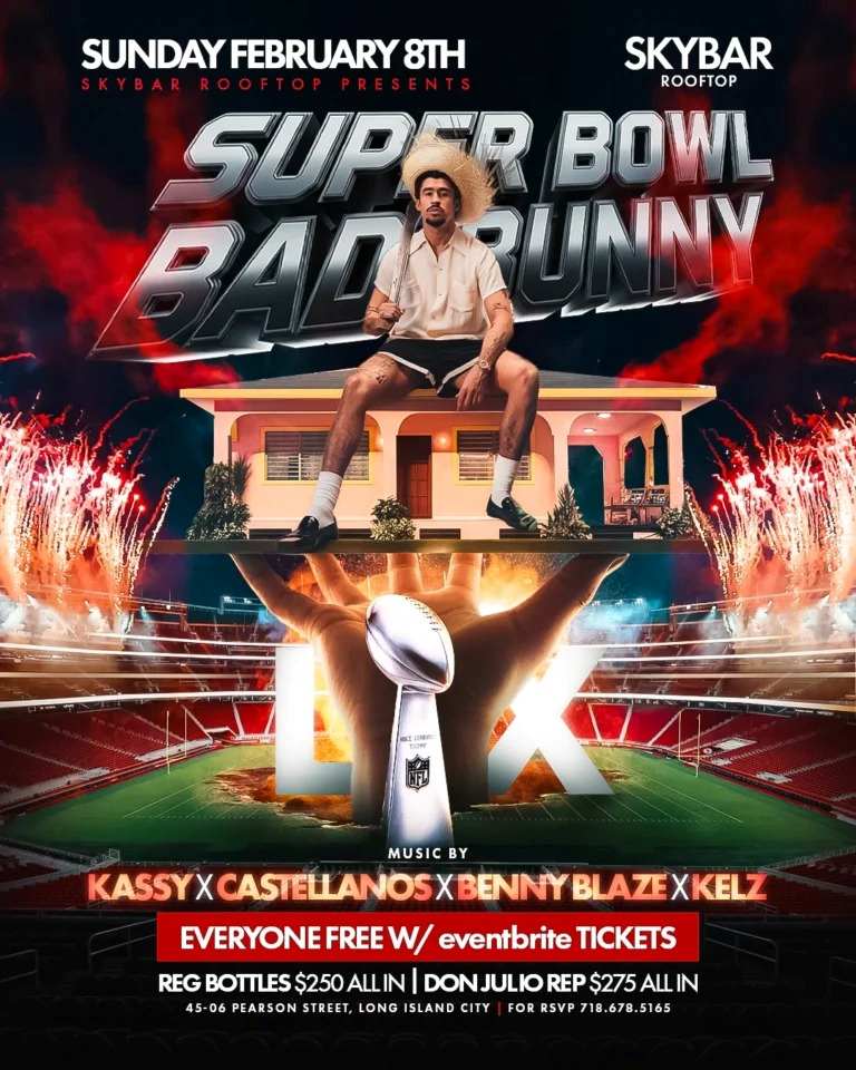 Buy tickets for Skybar Rooftop Super Bowl Bad Bunny Watch Party | LIC Skybar Rooftop Super Bowl Bad Bunny Watch Party | LIC